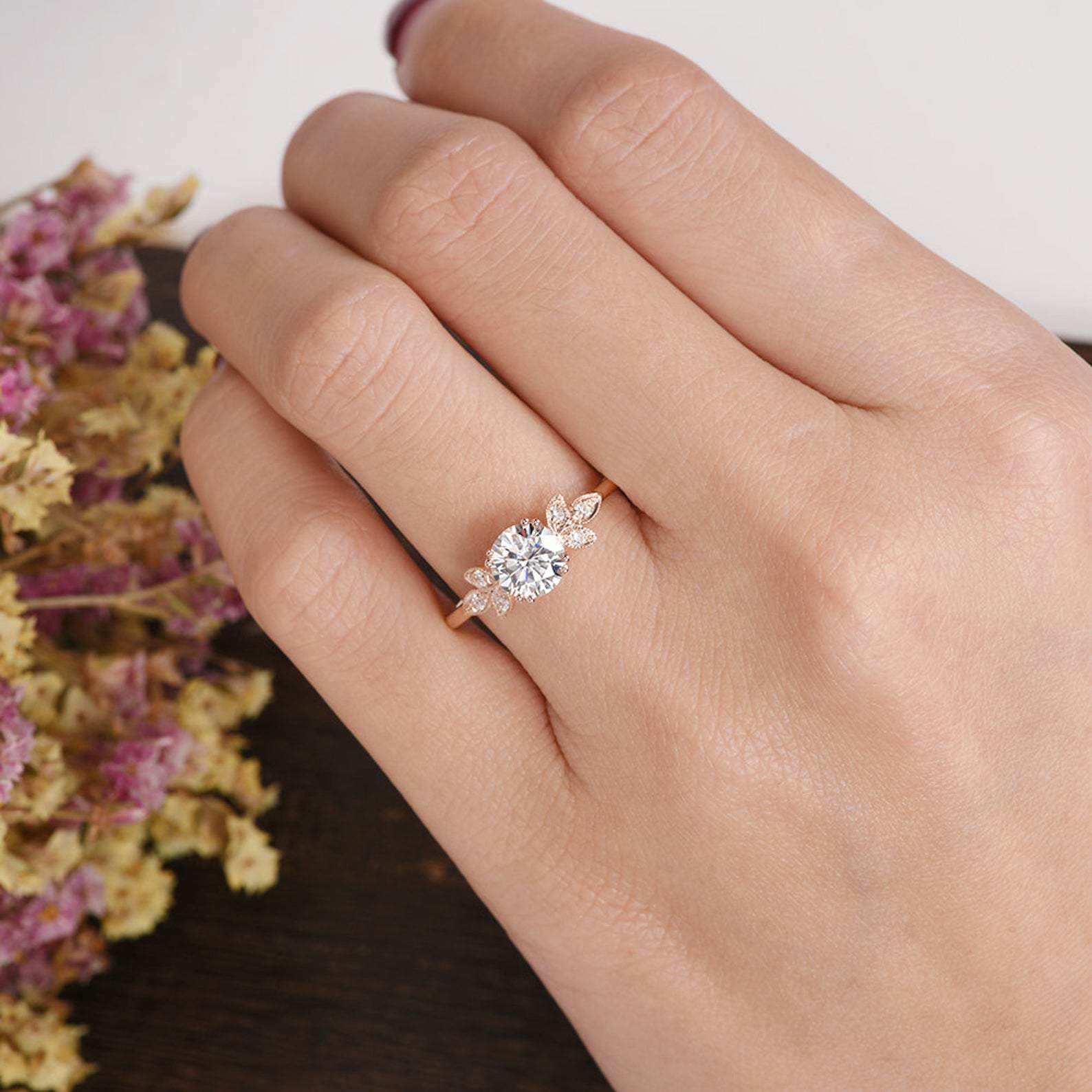 Round Cut Moissanite Engagement Ring, Unique Art Deco Design