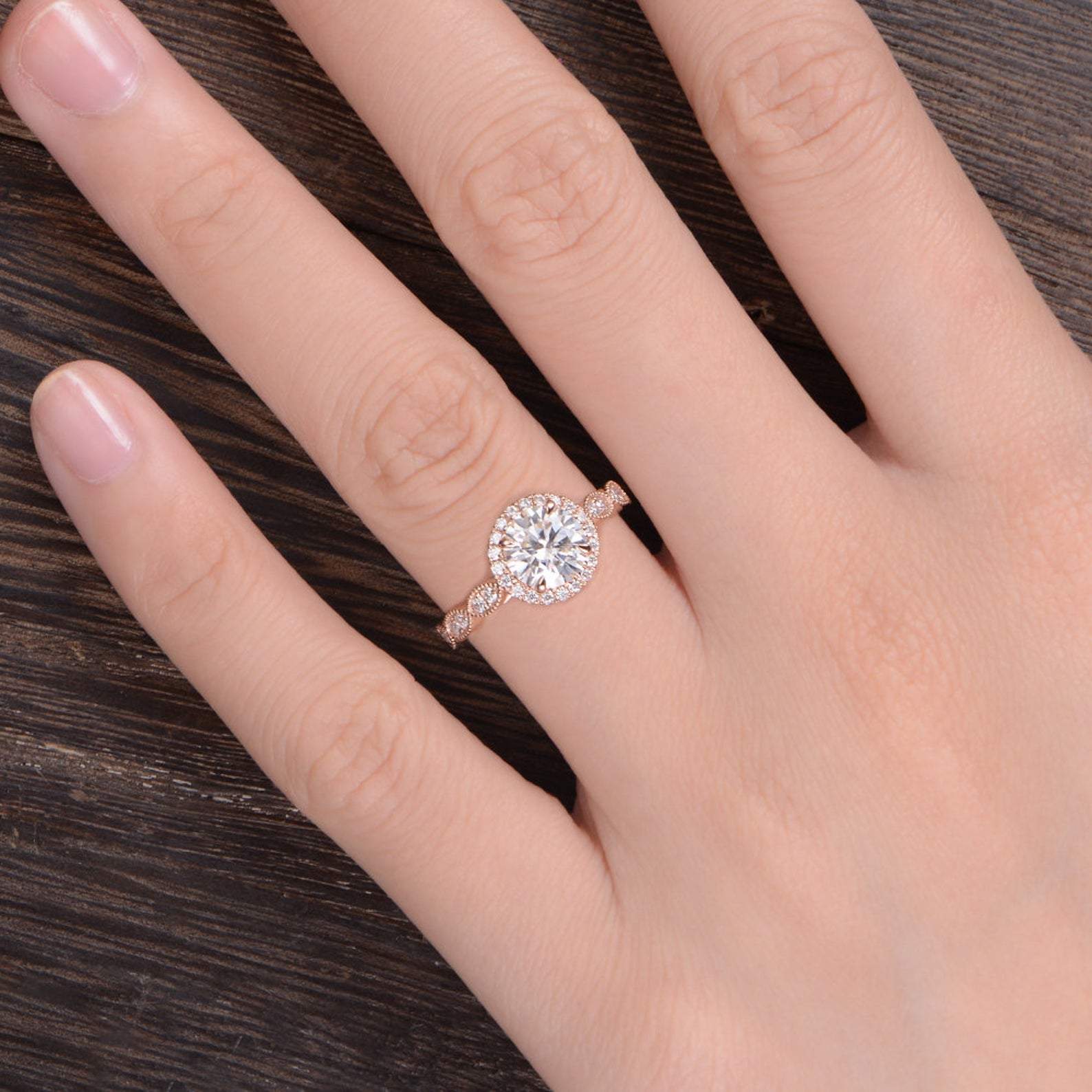 Round Cut Moissanite Engagement Ring, Art Deco Halo Design