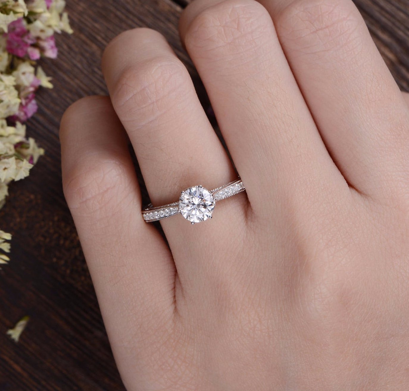 Round Cut Moissanite Engagement Ring, Unique Vintage Design