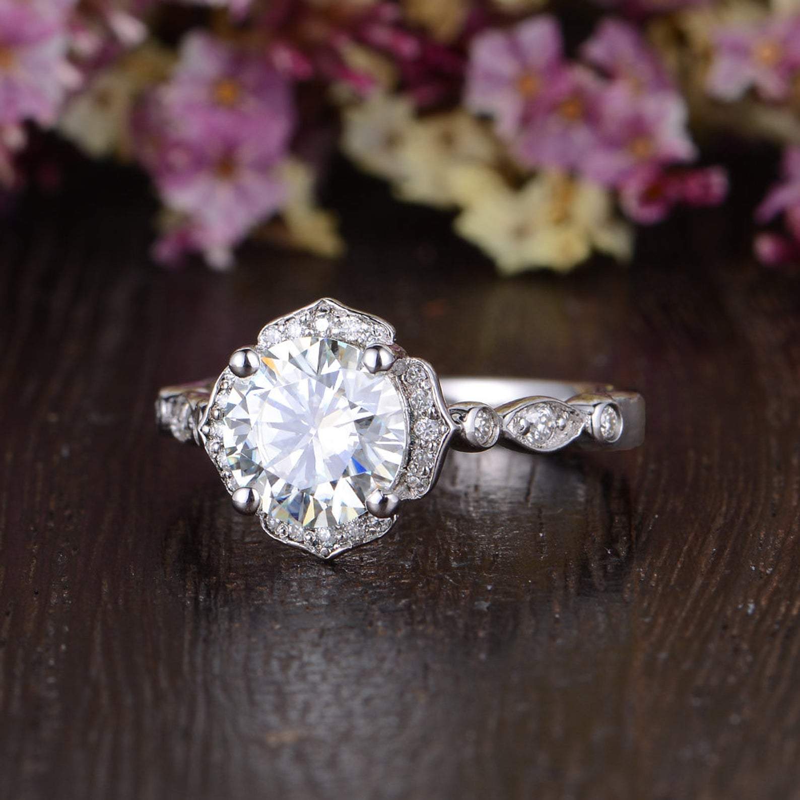 Round Cut Moissanite Engagement Ring, Art Deco Halo Design