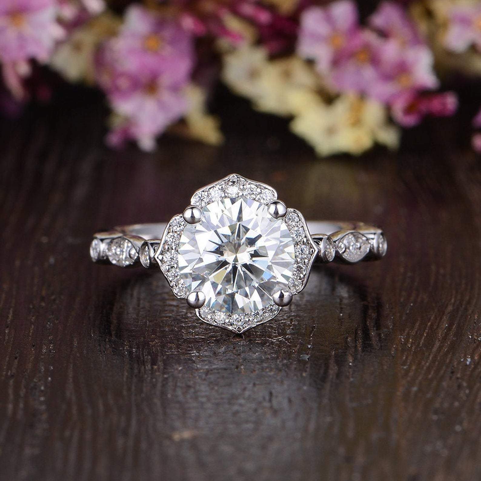 Round Cut Moissanite Engagement Ring, Art Deco Halo Design