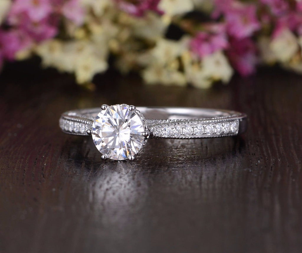 Round Cut Moissanite Engagement Ring, Unique Vintage Design