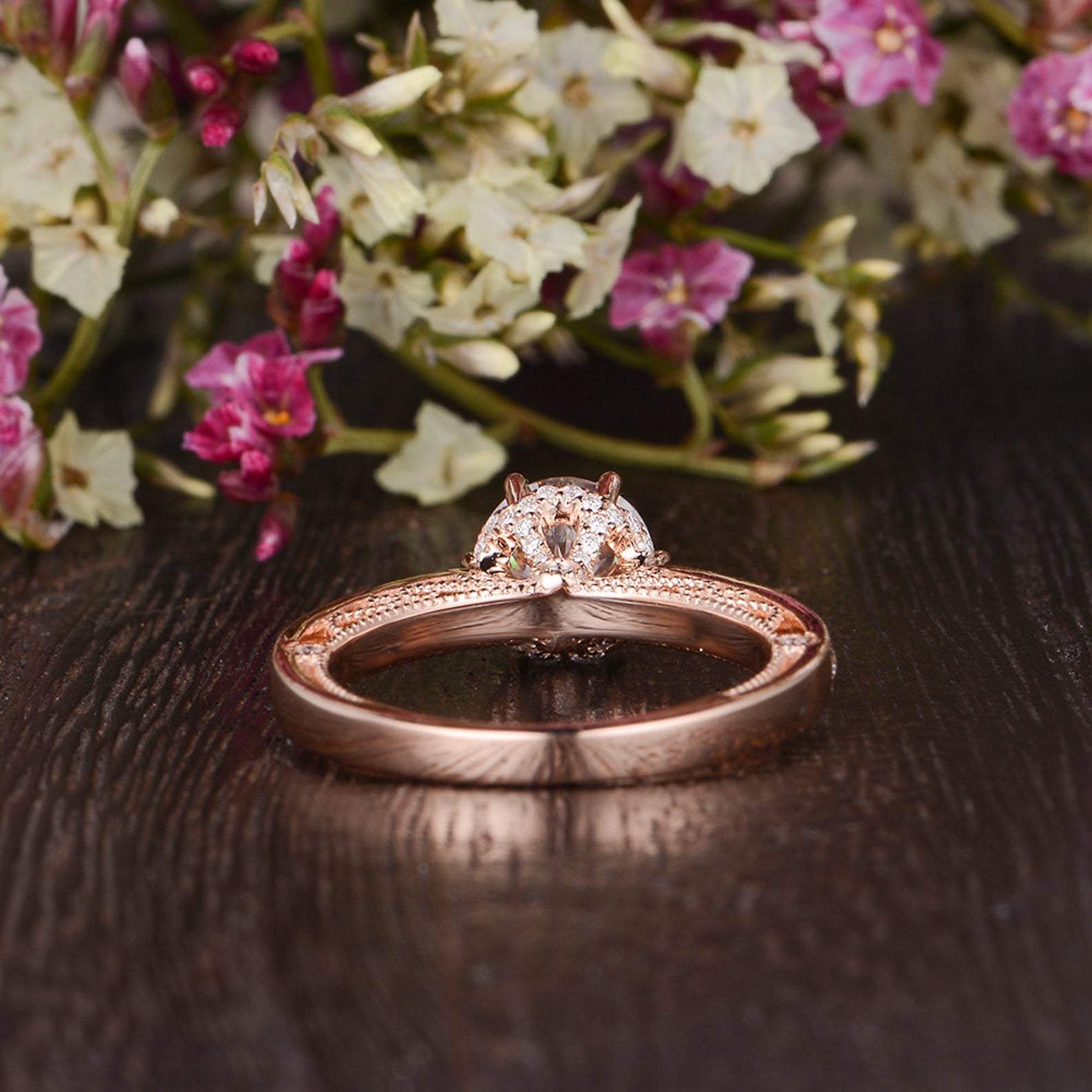 Round Cut Moissanite Engagement Ring, Unique Vintage Design
