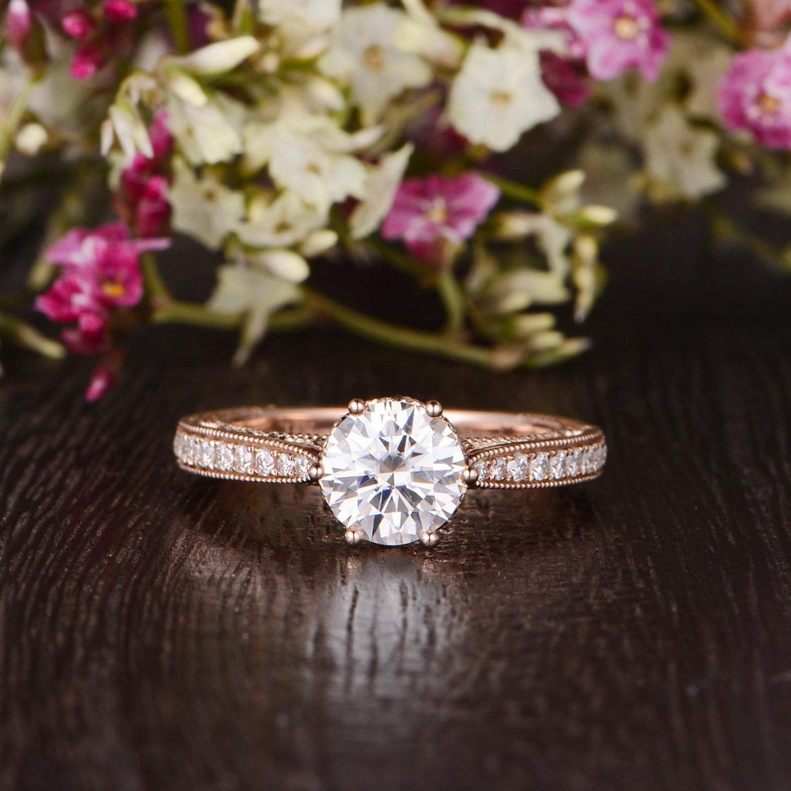 Round Cut Moissanite Engagement Ring, Unique Vintage Design