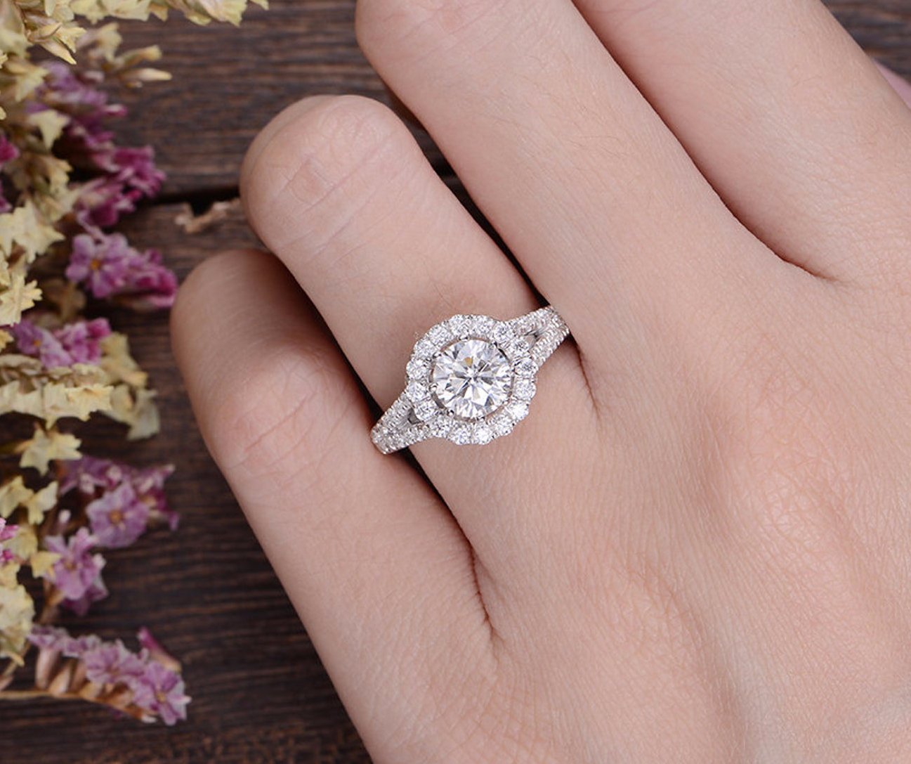Round Cut Moissanite Engagement Ring, Vintage Halo Design