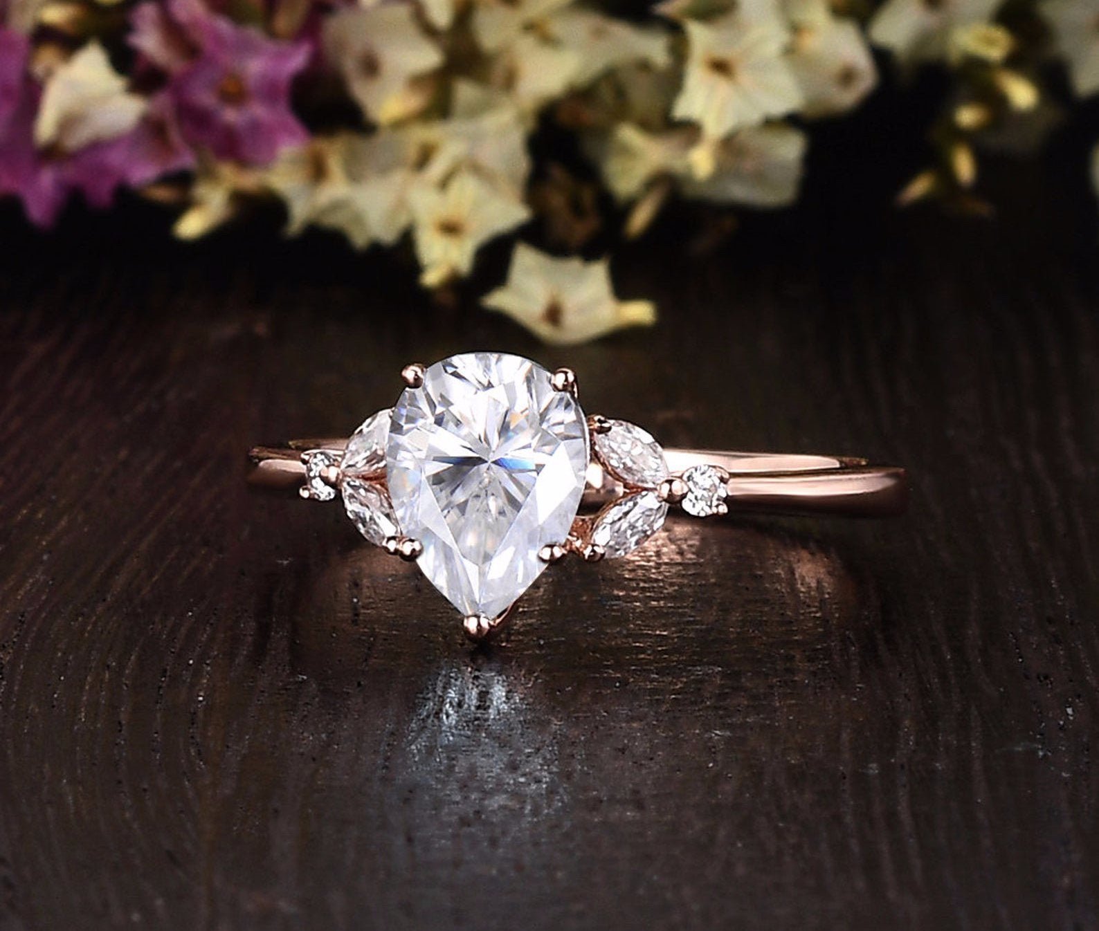 Pear Cut Moissanite Engagement Ring, Vintage Design