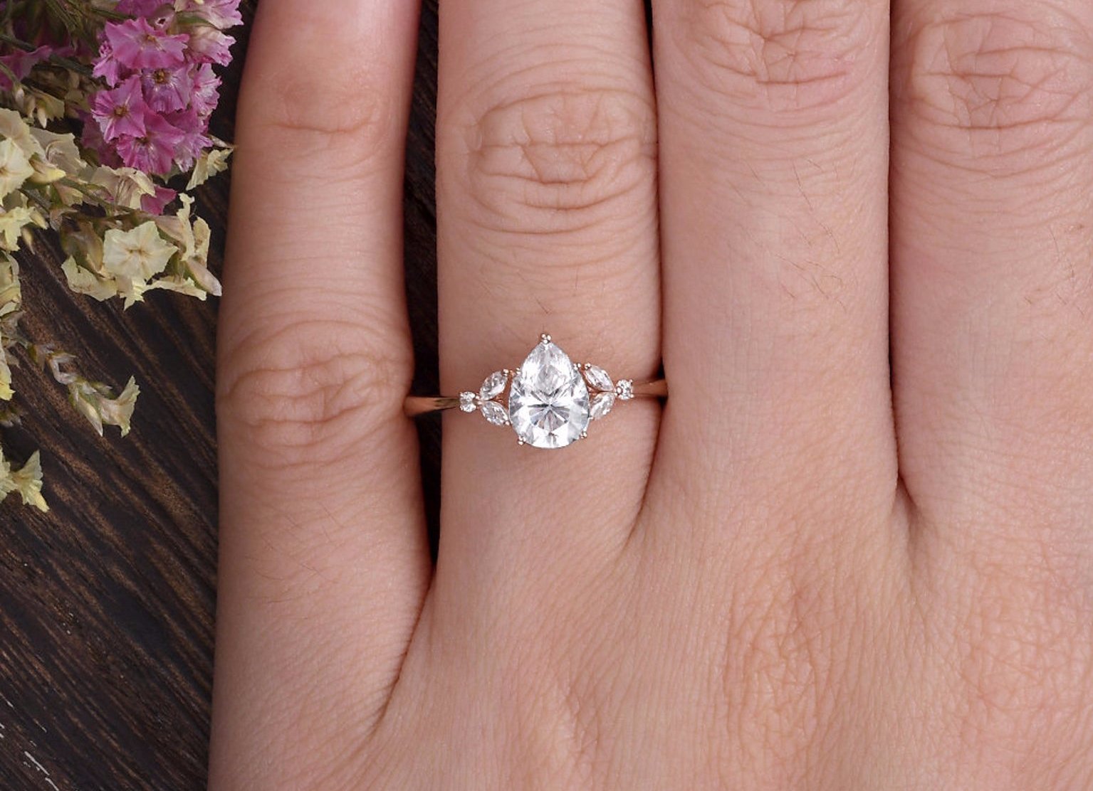 Pear Cut Moissanite Engagement Ring, Vintage Design