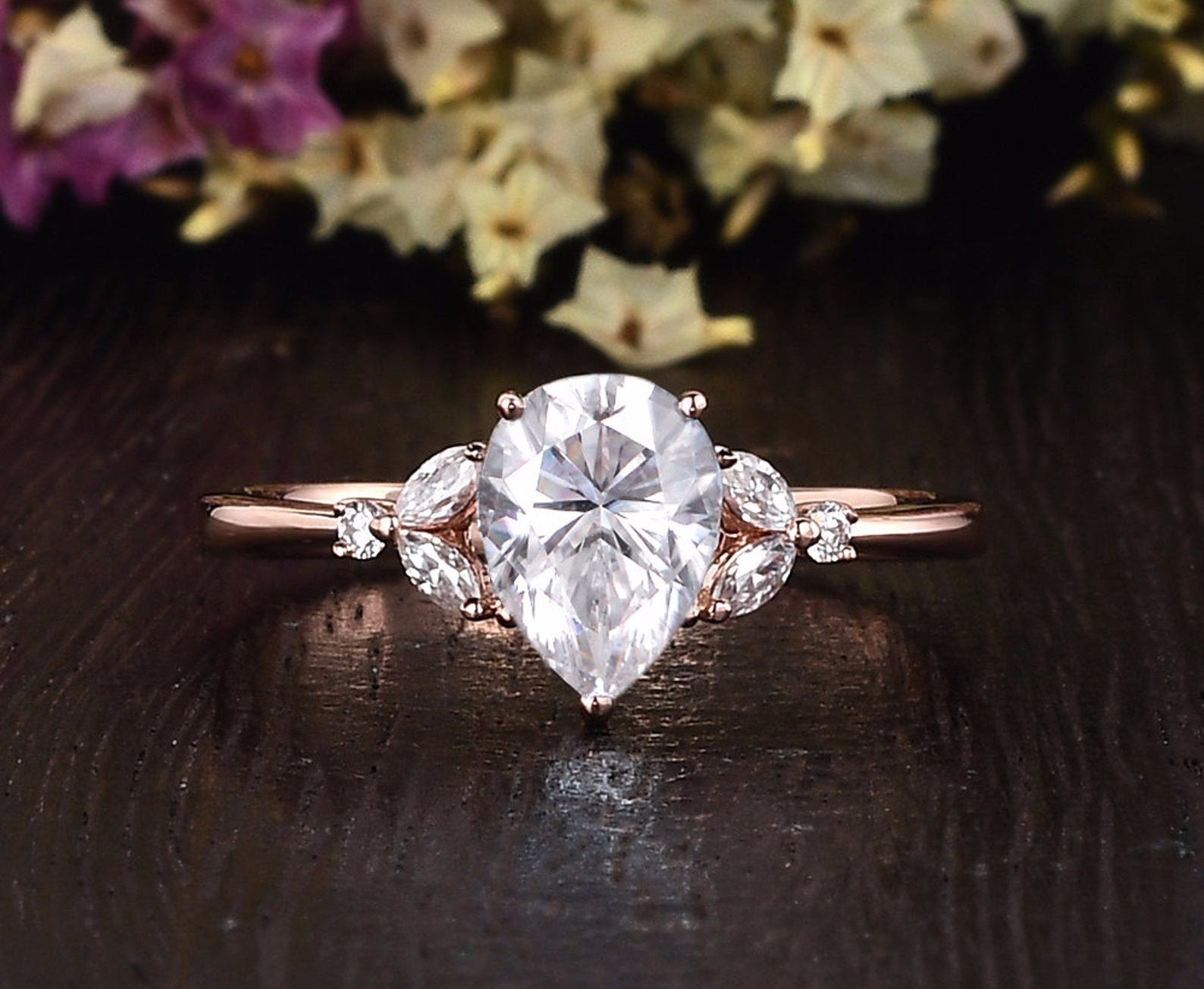 Pear Cut Moissanite Engagement Ring, Vintage Design