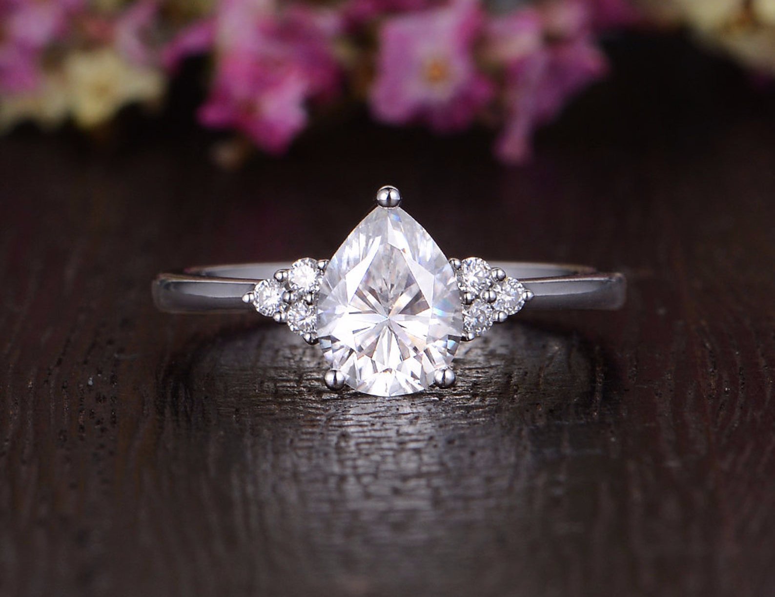 Pear Cut Moissanite Engagement Ring, Edwardian Design