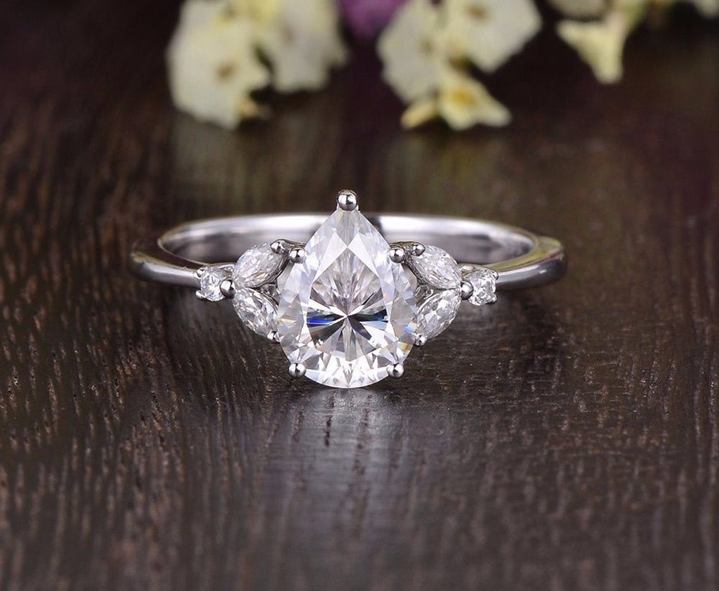 Pear Cut Moissanite Engagement Ring, Vintage Design