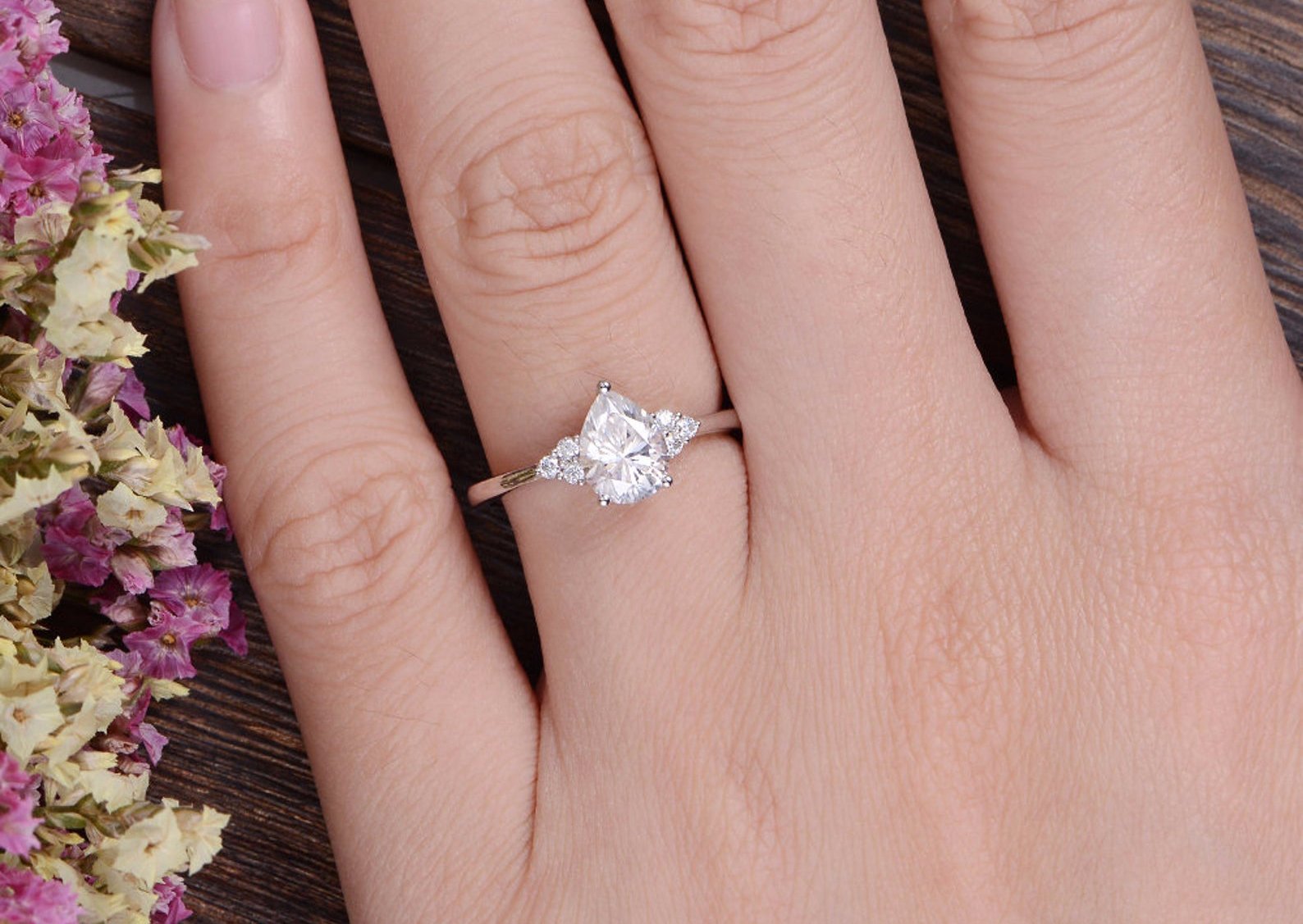 Pear Cut Moissanite Engagement Ring, Edwardian Design