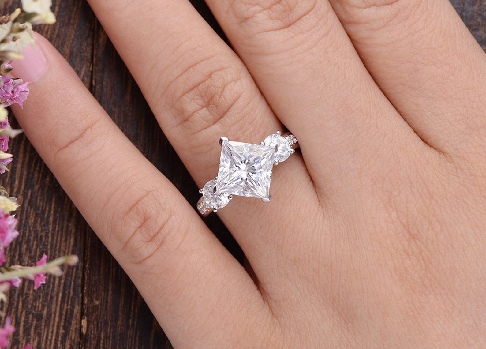 Princess Cut Moissanite Engagement Ring, Vintage Design