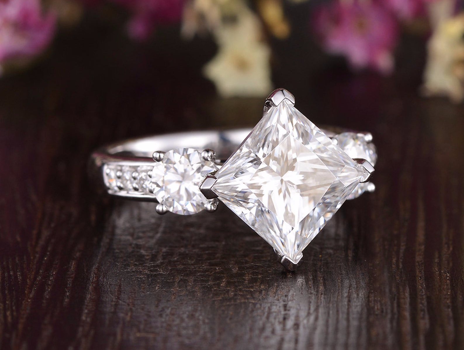 Princess Cut Moissanite Engagement Ring, Vintage Design