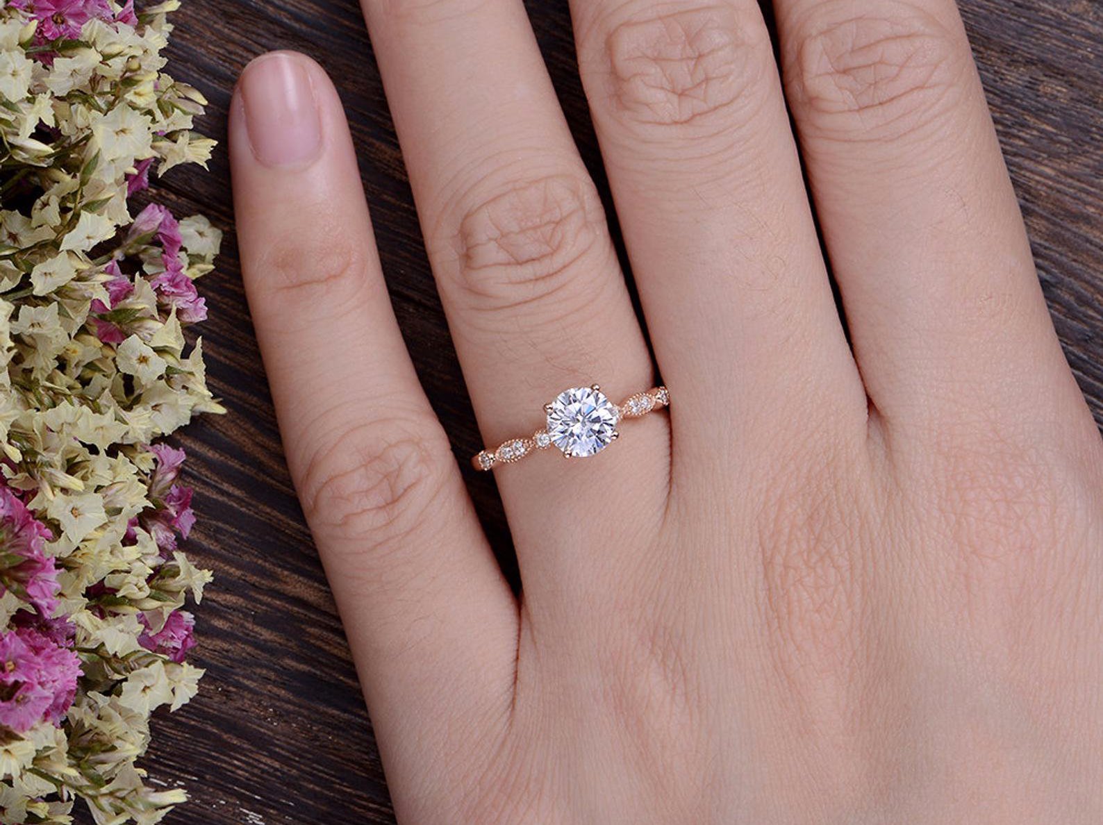 Round Cut Moissanite Engagement Ring, Unique Vintage Design