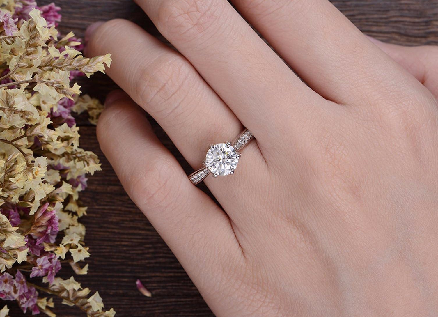 Round Cut Moissanite Engagement Ring, Vintage Six Claw Design