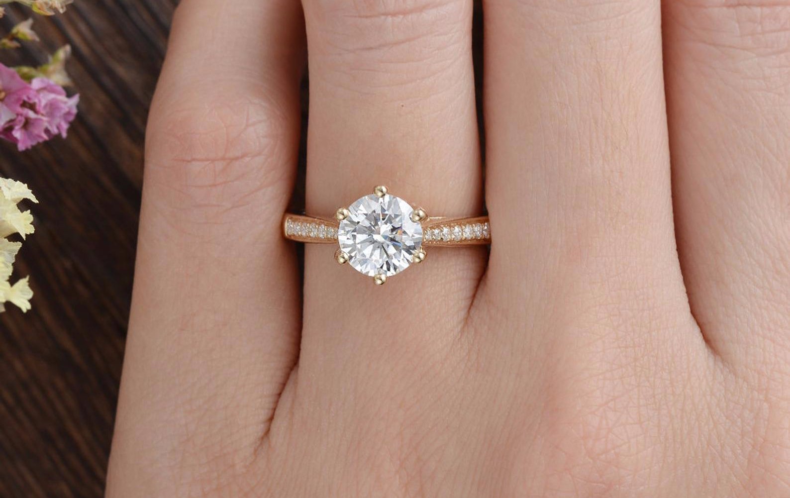 Round Cut Moissanite Engagement Ring, Vintage Six Claw Design
