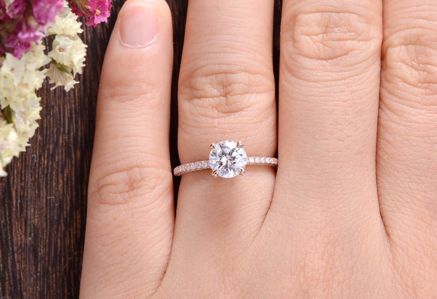 Round Cut Moissanite Engagement Ring, Delicate Vintage Design