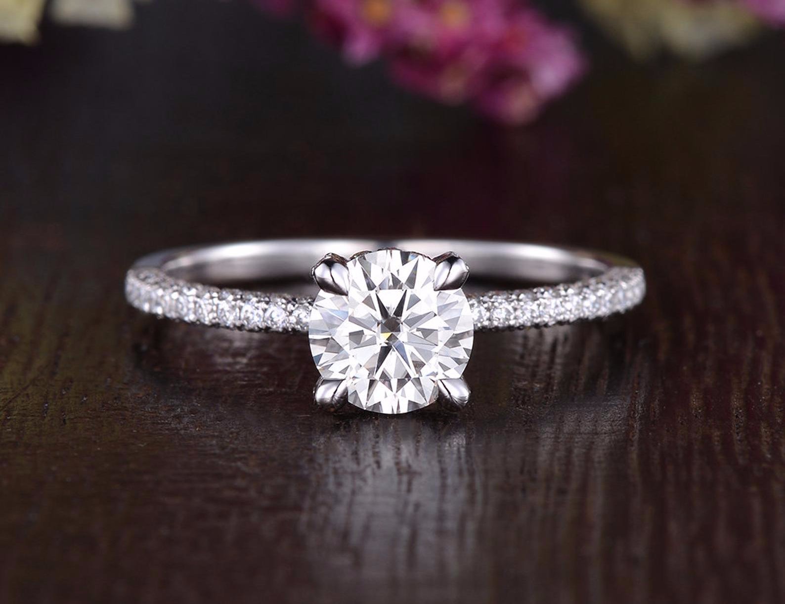 Round Cut Moissanite Engagement Ring, Delicate Vintage Design
