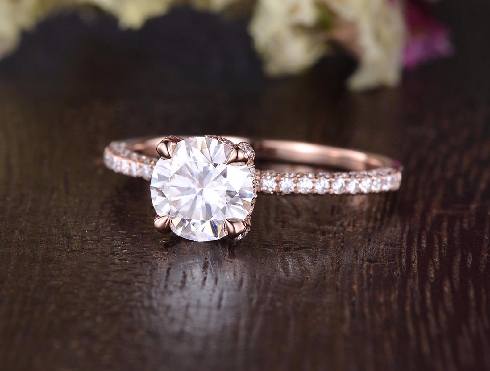 Round Cut Moissanite Engagement Ring, Delicate Vintage Design