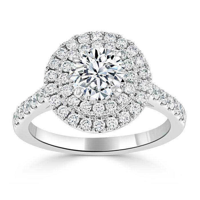 Round Cut Moissanite Double Halo Engagement Ring, Tiffany Style