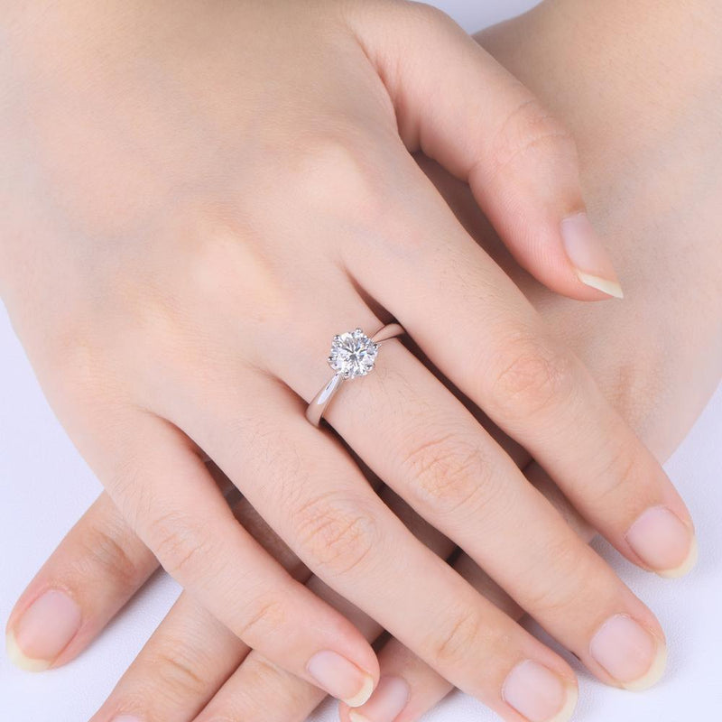1.00ct Moissanite Engagement Ring, Classic Six Claw Design, Sterling Silver & Platinum