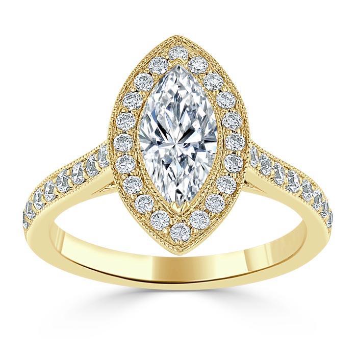 Marquise Cut Moissanite Halo Engagement Ring, Tiffany Style