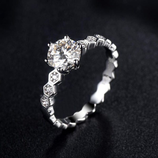 1.00ct Moissanite Engagement Ring, Shoulder Set Honey Comb Design, Sterling Silver & Platinum