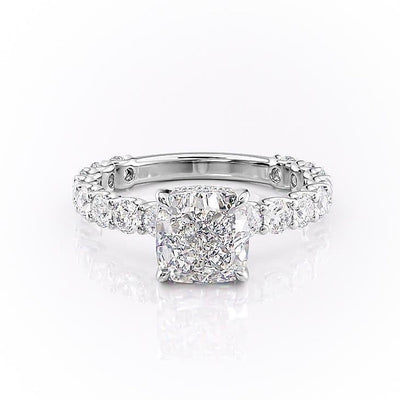 CUSHION CUT MOISSANITE STONE SET SHOULDERS WITH HIDDEN HALO