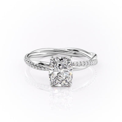 Elongated Cushion Cut Moissanite Twisted Shoulder Set Ring With Hidden Halo