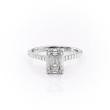 Emerald Cut Moissanite Shoulder Set Ring With Hidden Halo