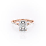 Emerald Cut Moissanite Shoulder Set Ring With Hidden Halo