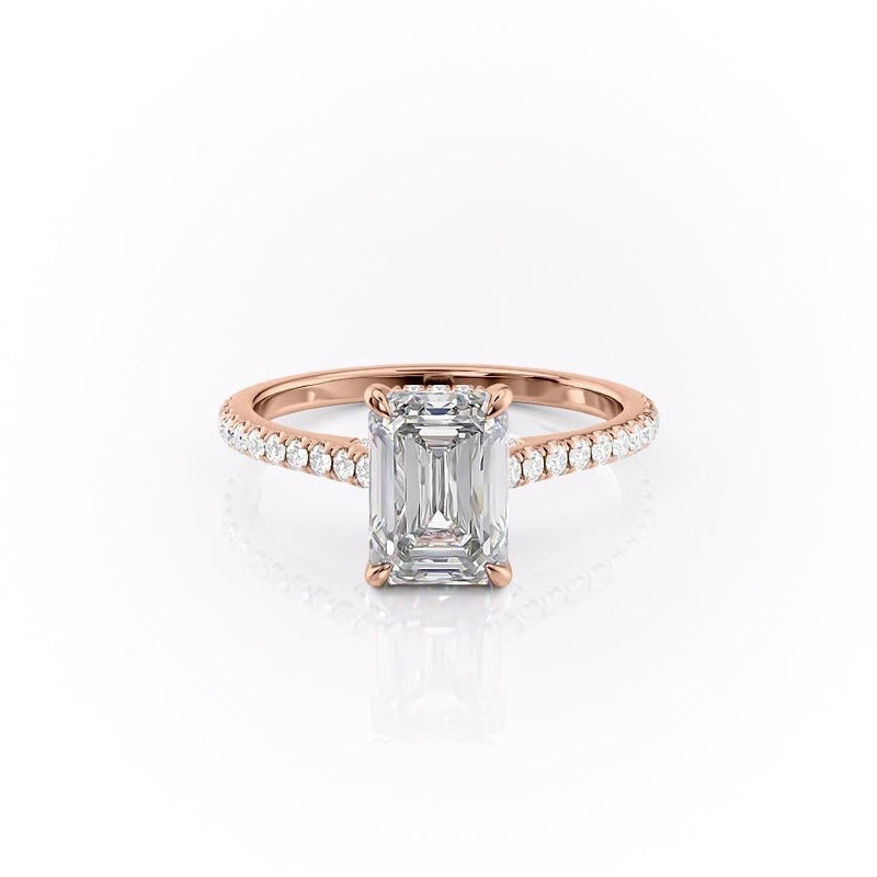 Emerald Cut Moissanite Shoulder Set Ring With Hidden Halo