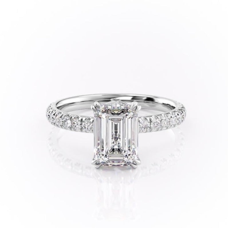 Emerald Cut Moissanite Shoulder Set Ring With Block Halo