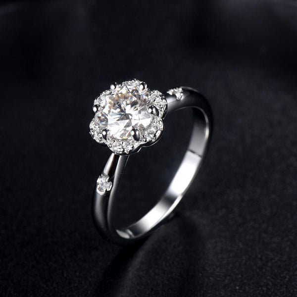 1.00ct Moissanite Engagement Ring, Daisy Halo Design, Sterling Silver & Platinum