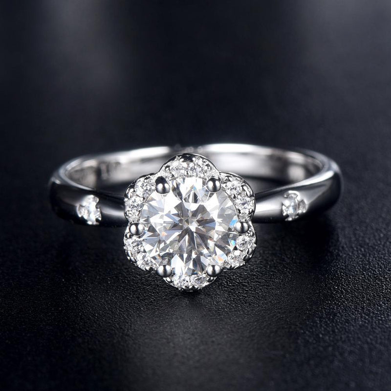 1.00ct Moissanite Engagement Ring, Daisy Halo Design, Sterling Silver & Platinum