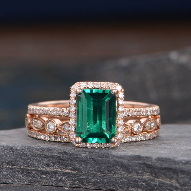 Vintage Inspired Emerald Bridal Ring Set, Emerald Cut