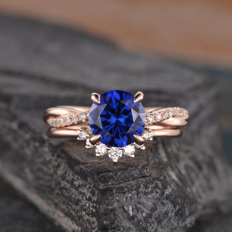 Vintage Bridal Ring Set, Round Cut Blue Sapphire