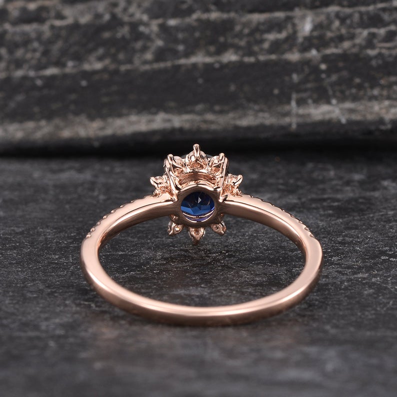 Vintage Inspired Round Cut Blue Sapphire Halo Ring