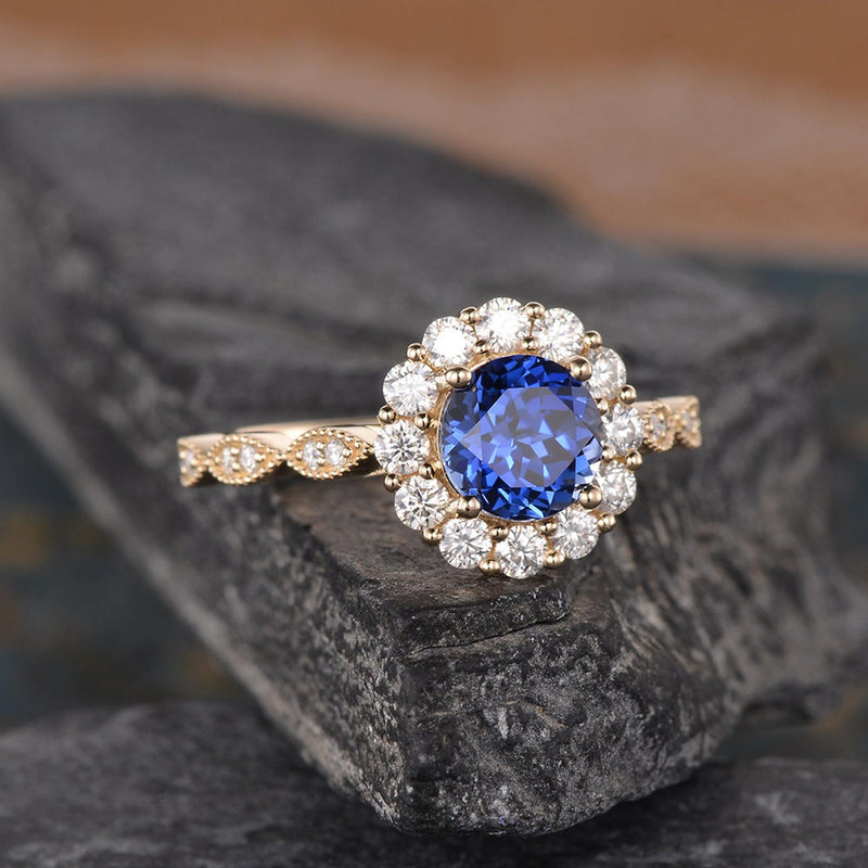Blue Sapphire Vintage Halo Ring, Round Cut