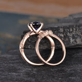 Vintage Bridal Ring Set, Round Cut Blue Sapphire