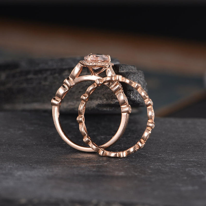 Art Deco Morganite Bridal Ring Set, Pear Shaped Ring
