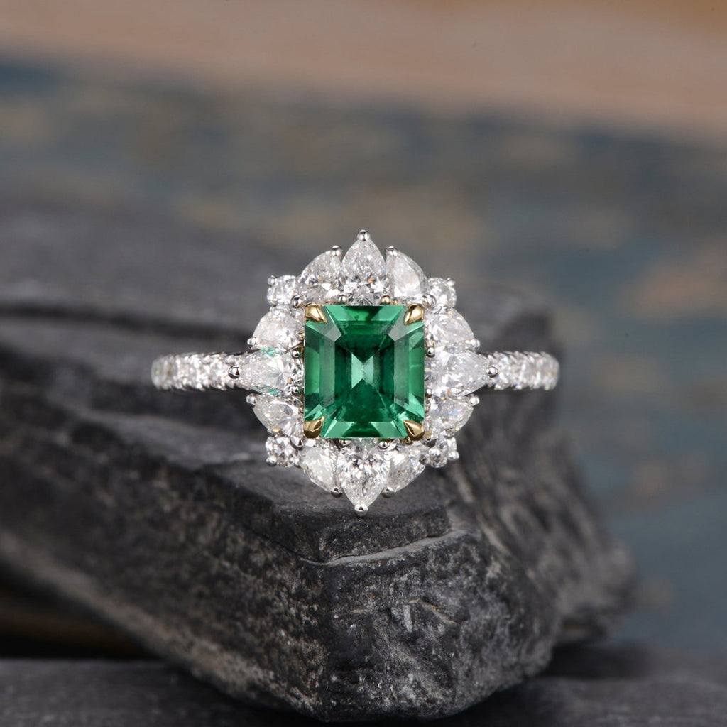 6.00 CTW Vintage Emerald and Diamond Double Halo Cocktail Ring in 18ct –  Katherine James Jewellery