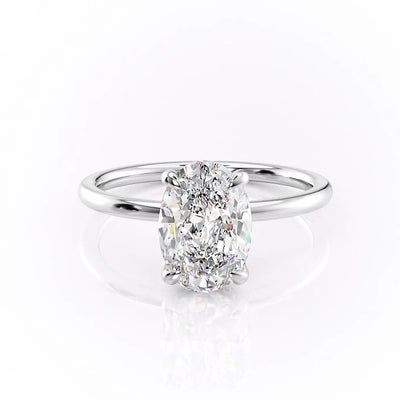 OVAL CUT MOISSANITE ENGAGEMENT RING, PLAIN BAND & HIDDEN HALO