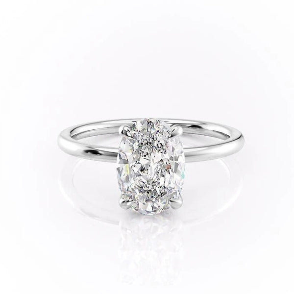 OVAL CUT MOISSANITE ENGAGEMENT RING, PLAIN BAND & HIDDEN HALO