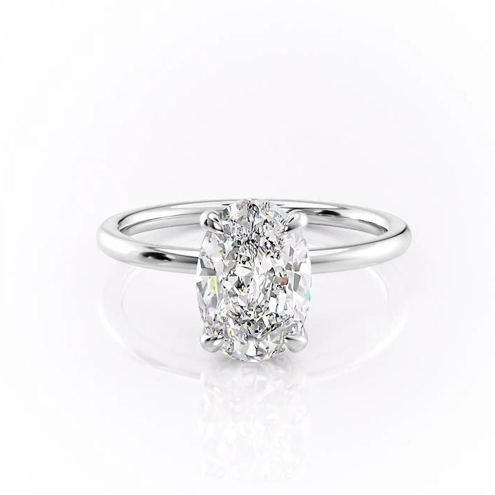 Oval Cut Moissanite Engagement Ring Plain Band Hidden Halo