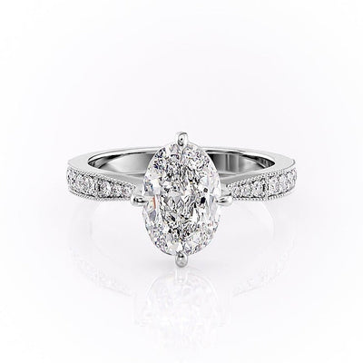 OVAL CUT MOISSANITE STONE SET SHOULDERS WITH MILGRAIN EDGE