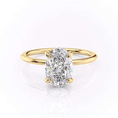 Oval Cut Moissanite Engagement Ring, Plain Band & Hidden Halo