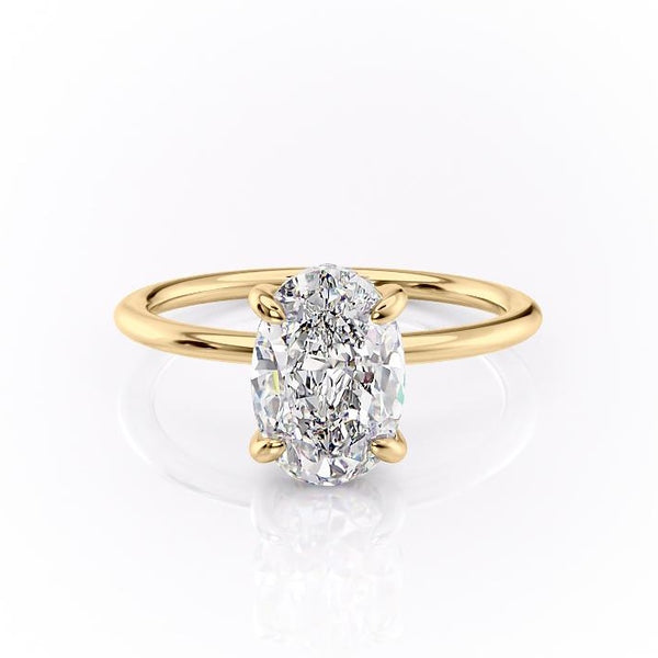 Oval Cut Moissanite Engagement Ring, Plain Band & Hidden Halo