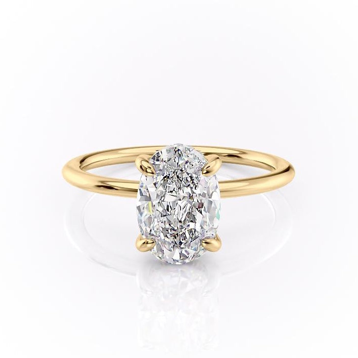 Oval Cut Moissanite Engagement Ring, Plain Band & Hidden Halo