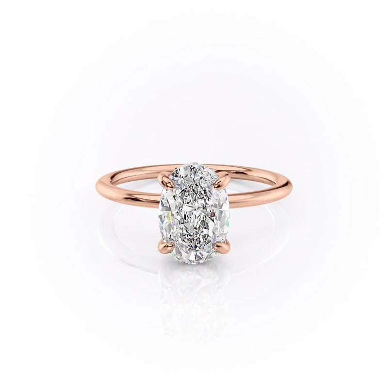 Oval Cut Moissanite Engagement Ring, Plain Band & Hidden Halo